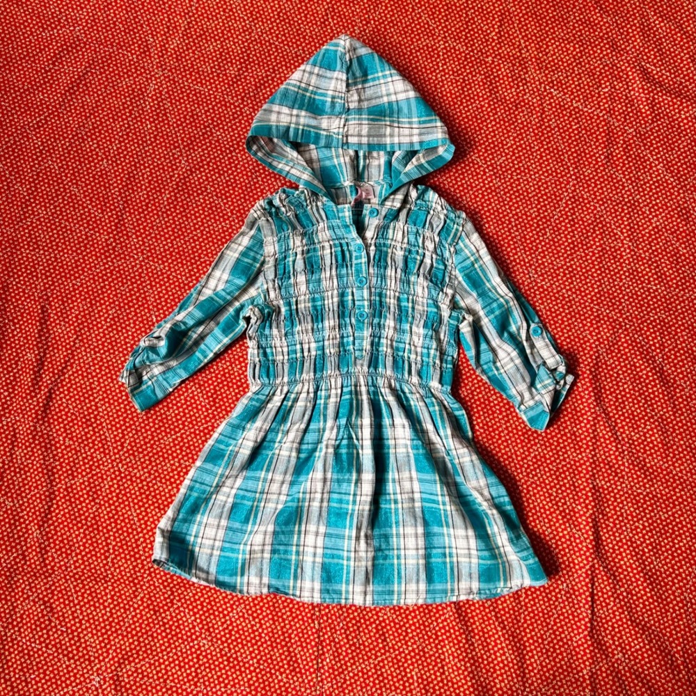 Vintage 2000s Plaid Hooded Smocked Tunic Top Teal Blue White XL